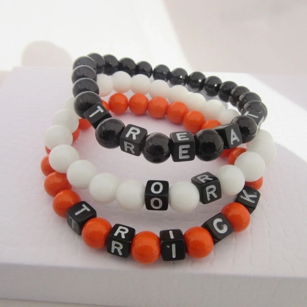 Hand Crafted Bracelets Stack 3 Trick or Treat Halloween Stretch Orange Black Med